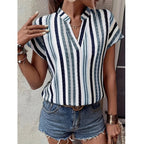 Women's Short-Sleeve Striped Blouse with Elegant Collar