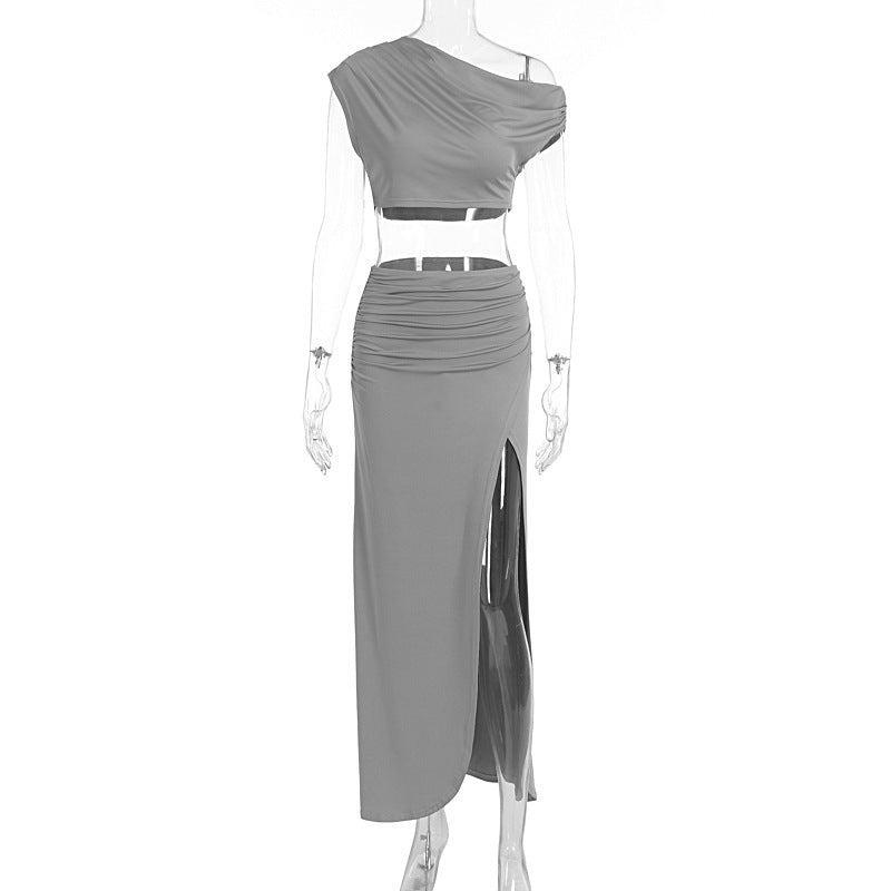 Women's Elegant Two-Piece Set with Asymmetric Top and Ruched Skirt