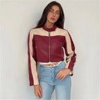 Women's Cropped Faux Leather Jacket with Contrasting Inserts