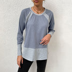 Women's Casual Long-Sleeve Shirt with Waffle Texture and Contrast Sleeves