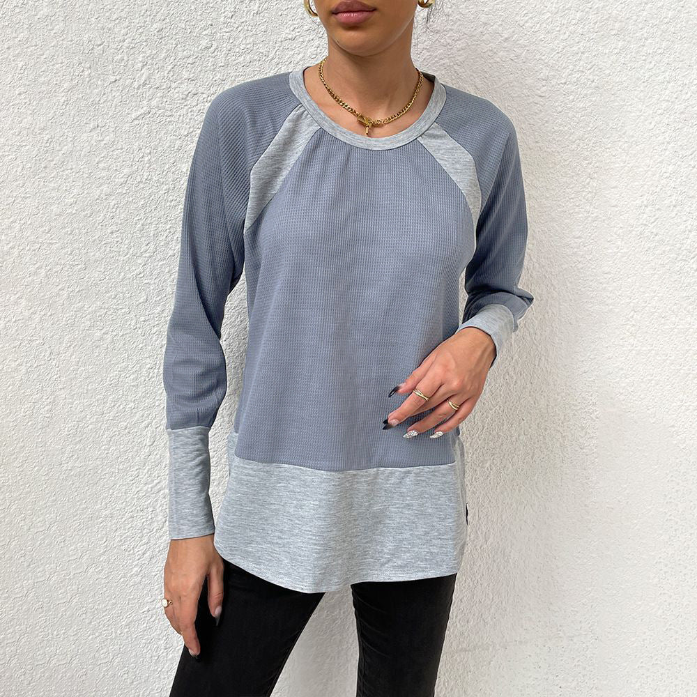 Women's Casual Long-Sleeve Shirt with Waffle Texture and Contrast Sleeves