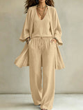 Women Casual Lounge Set with Kimono Cardigan, V-Neck Shirt and Wide Cord Pants