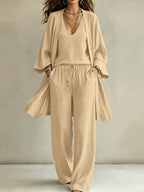 Women Casual Lounge Set with Kimono Cardigan, V-Neck Shirt and Wide Cord Pants