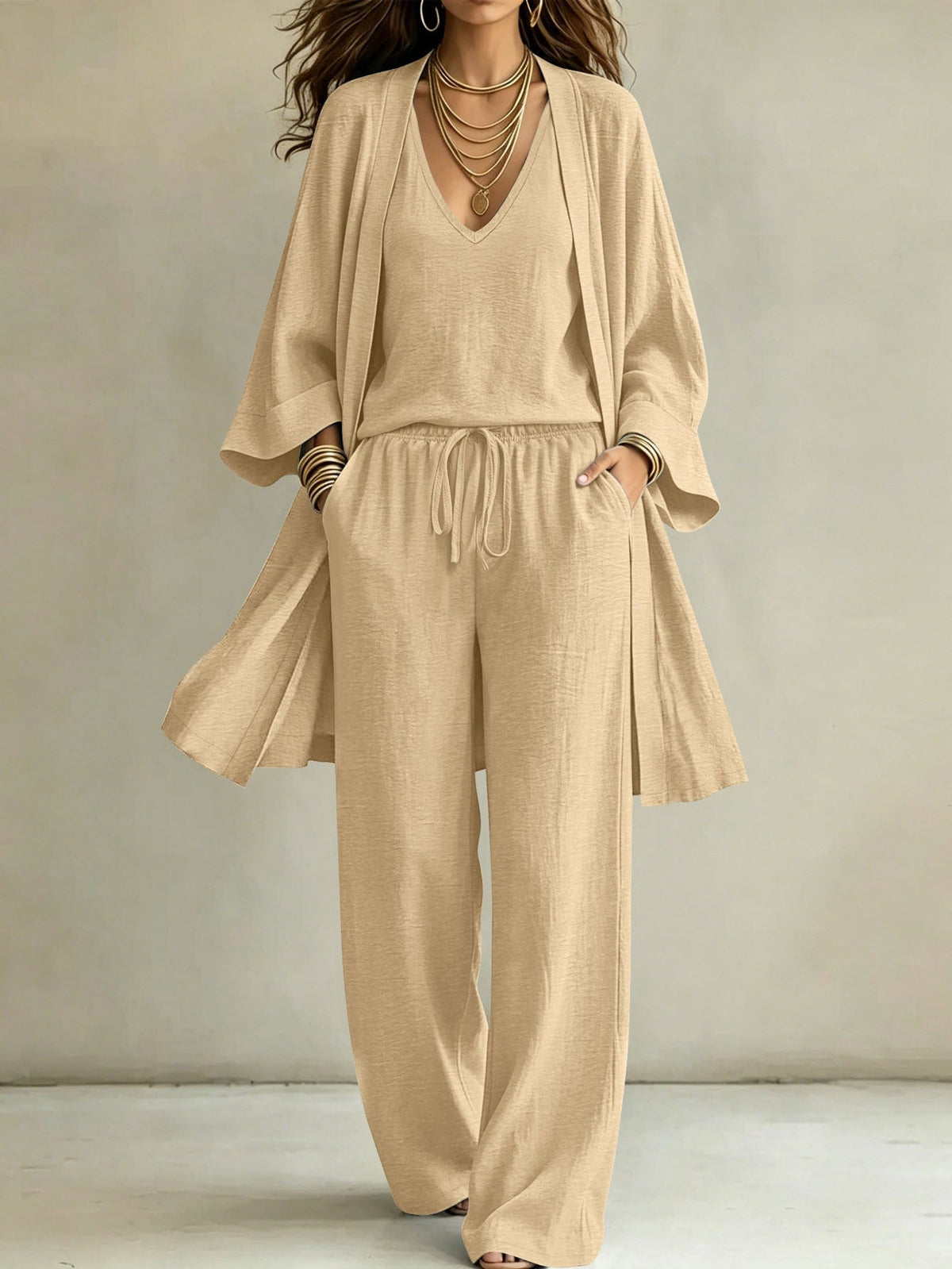 Women Casual Lounge Set with Kimono Cardigan, V-Neck Shirt and Wide Cord Pants