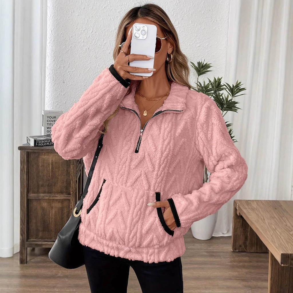 Women's Fluffy Teddy Sweater with High Collar and Pockets