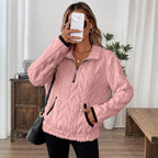 Women's Fluffy Teddy Sweater with High Collar and Pockets