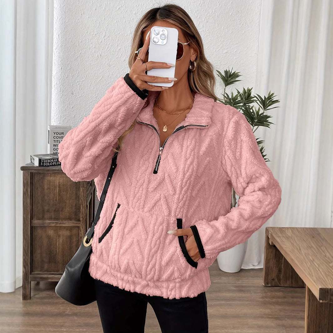 Women's Fluffy Teddy Sweater with High Collar and Pockets