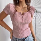 Women's Fitted Short-Sleeve Ribbed Shirt with Button Placket