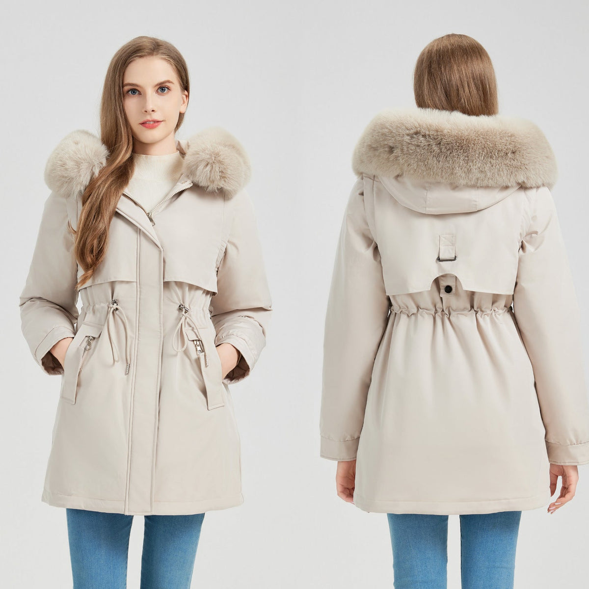 Women's Functional Parka with Detachable Faux Fur Collar and Waist Drawstring