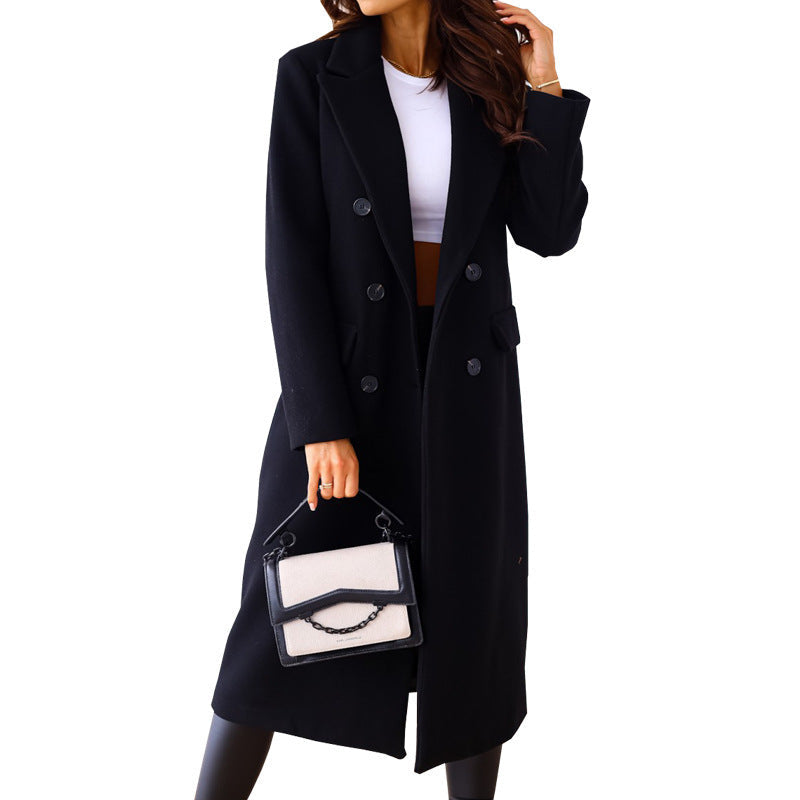 Women's Elegant Double-Breasted Wool Coat with Pockets