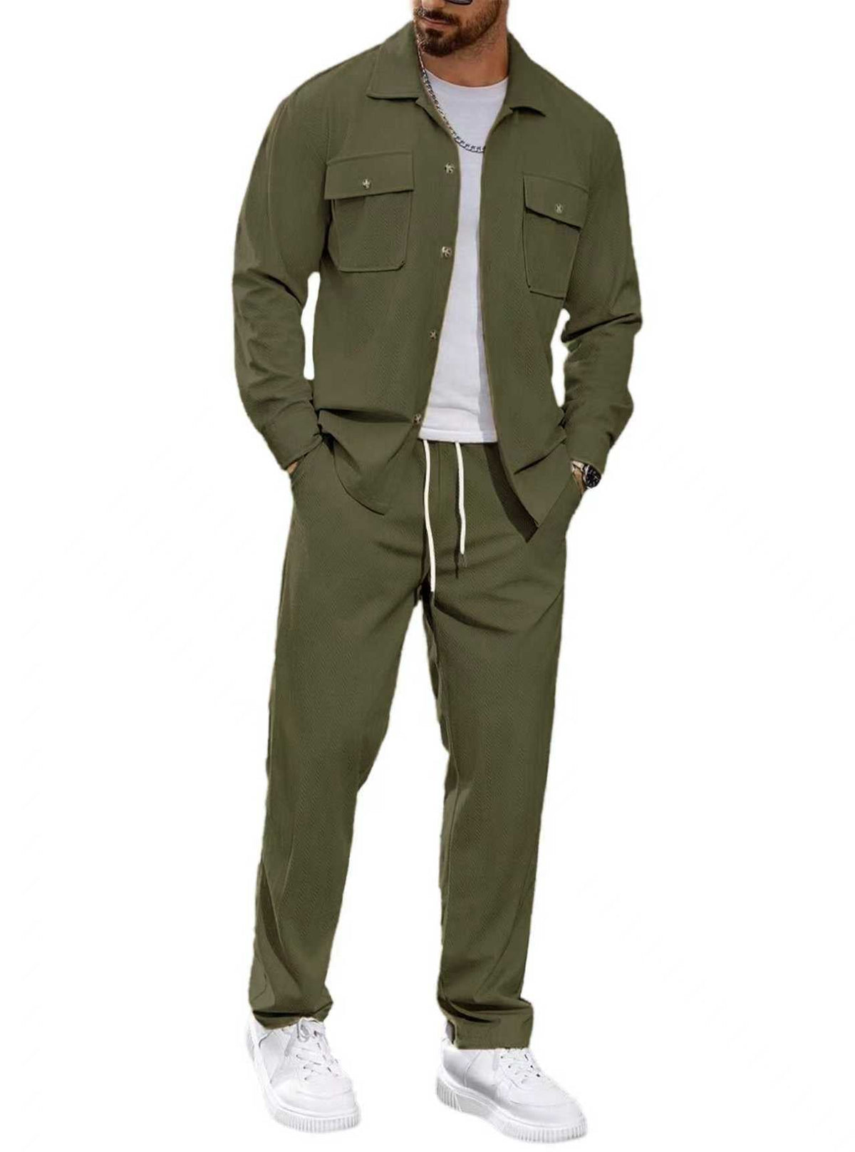 Men's Casual Two-Piece Shirt Jacket and Drawstring Pants Set