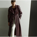 Elegant Faux Leather Trench Coat with Belt