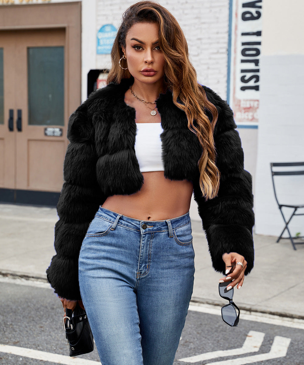 Women's Fluffy Faux Fur Short Coat with Puff Sleeves