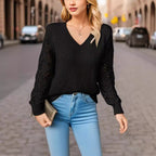 Elegant V-Neck Knit Sweater with Crocheted Sleeves