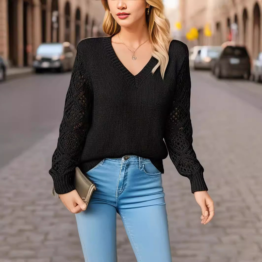 Elegant V-Neck Knit Sweater with Crocheted Sleeves