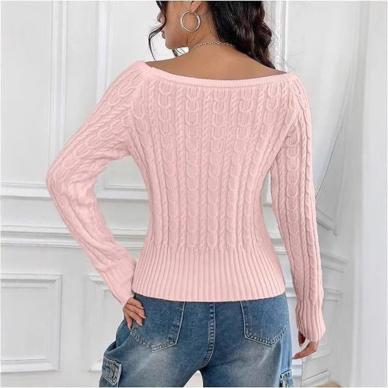 Women's Chunky Knit Sweater with Open Shoulder and Cable Knit Pattern