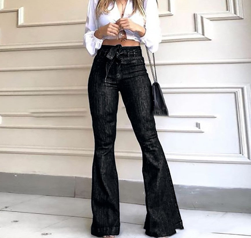 Women's Elegant Bootcut Jeans with High Waist and Belt