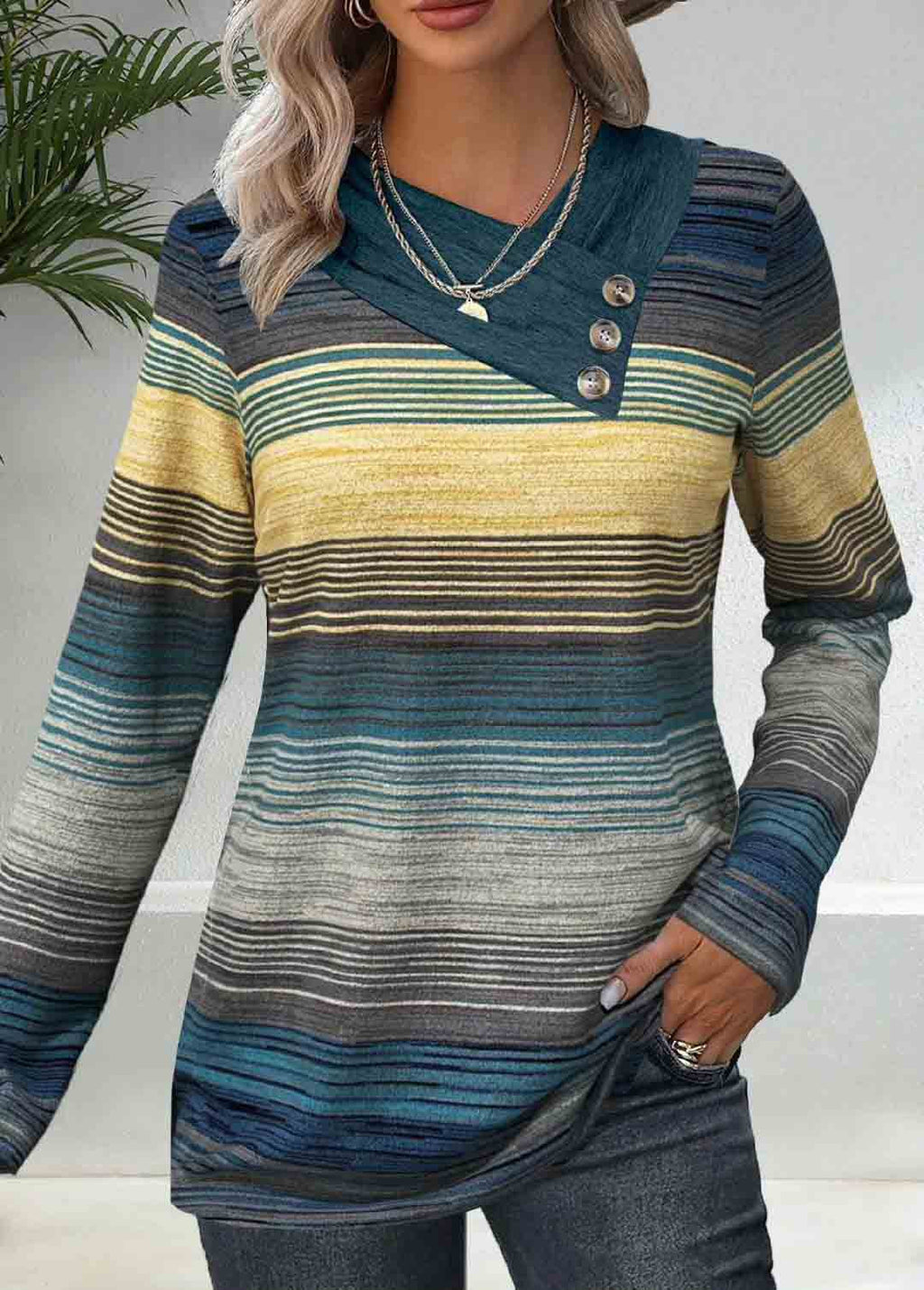 Women's Elegant Long-Sleeve Shirt with Modern Stripe Pattern and Button Details