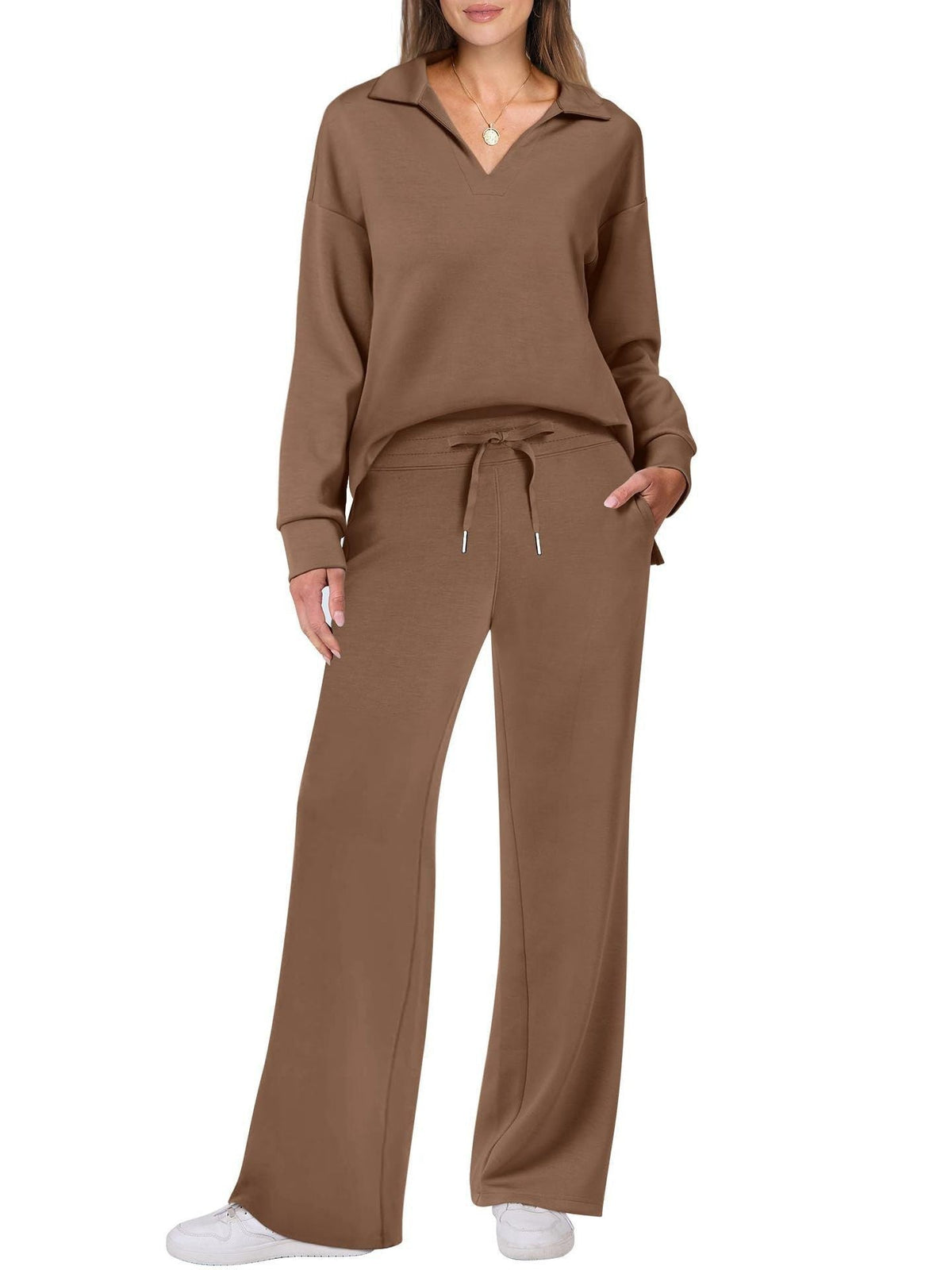 Women's Comfortable Leisure Suit with V-Neck and Loose Fit