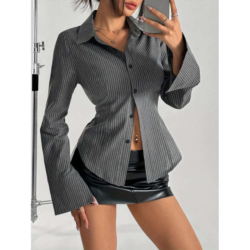 Elegant Striped Shirt Blouse with Flared Sleeves