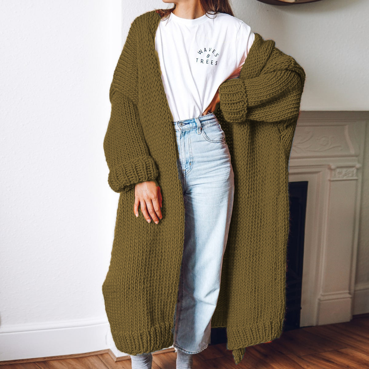 Women's Chunky Knit Coat with Voluminous Sleeves and Relaxed Fit