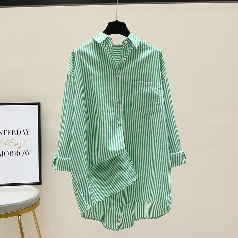 Women's Striped Oversized Shirt with Longer Back and Practical Chest Pocket