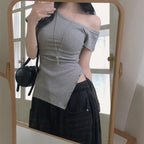 Women's Asymmetrical Short Sleeve Top with Button Details