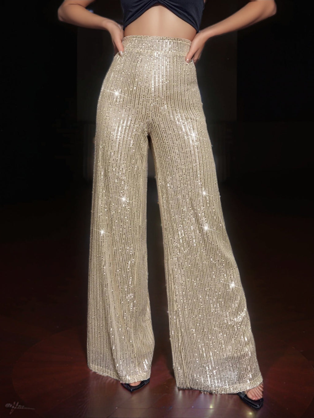 Women's Glamorous Wide-Leg Maxi Pants with Glitter Stripes