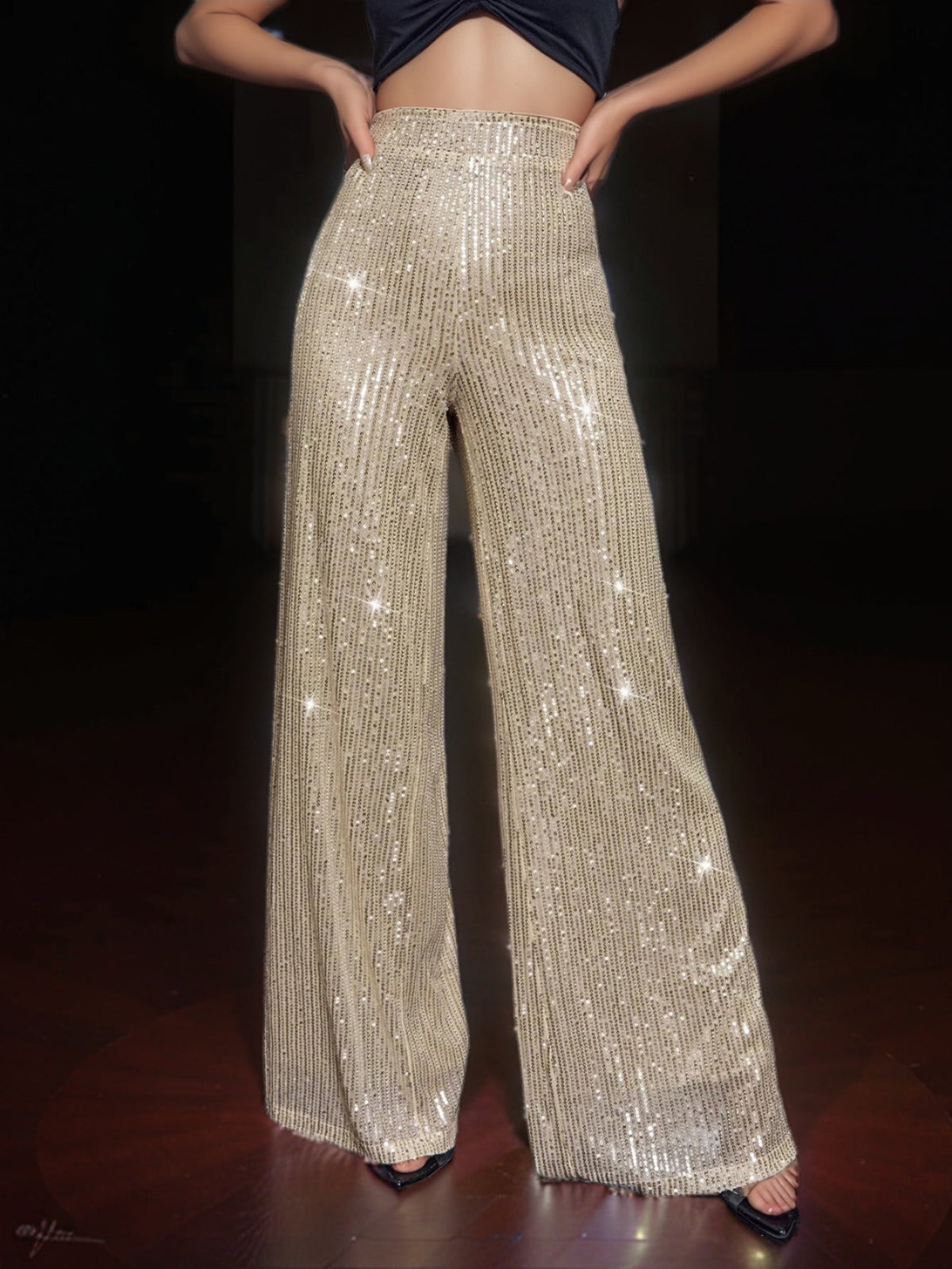Women's Glamorous Wide-Leg Maxi Pants with Glitter Stripes