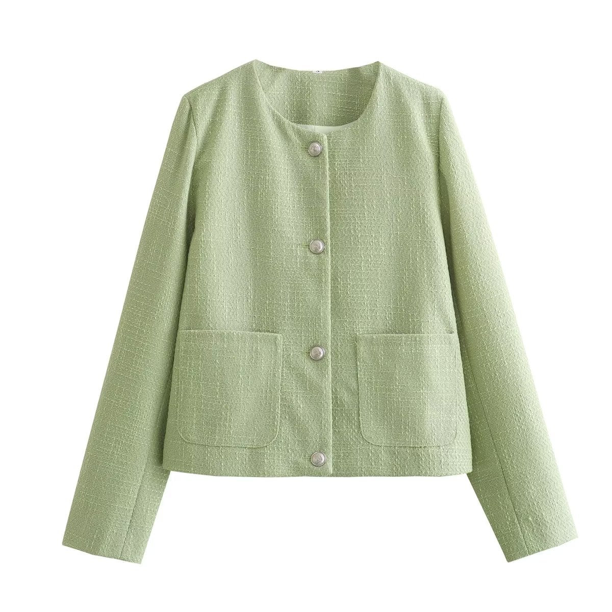 Elegant Women's Short Jacket with Decorative Button Details and Practical Pockets
