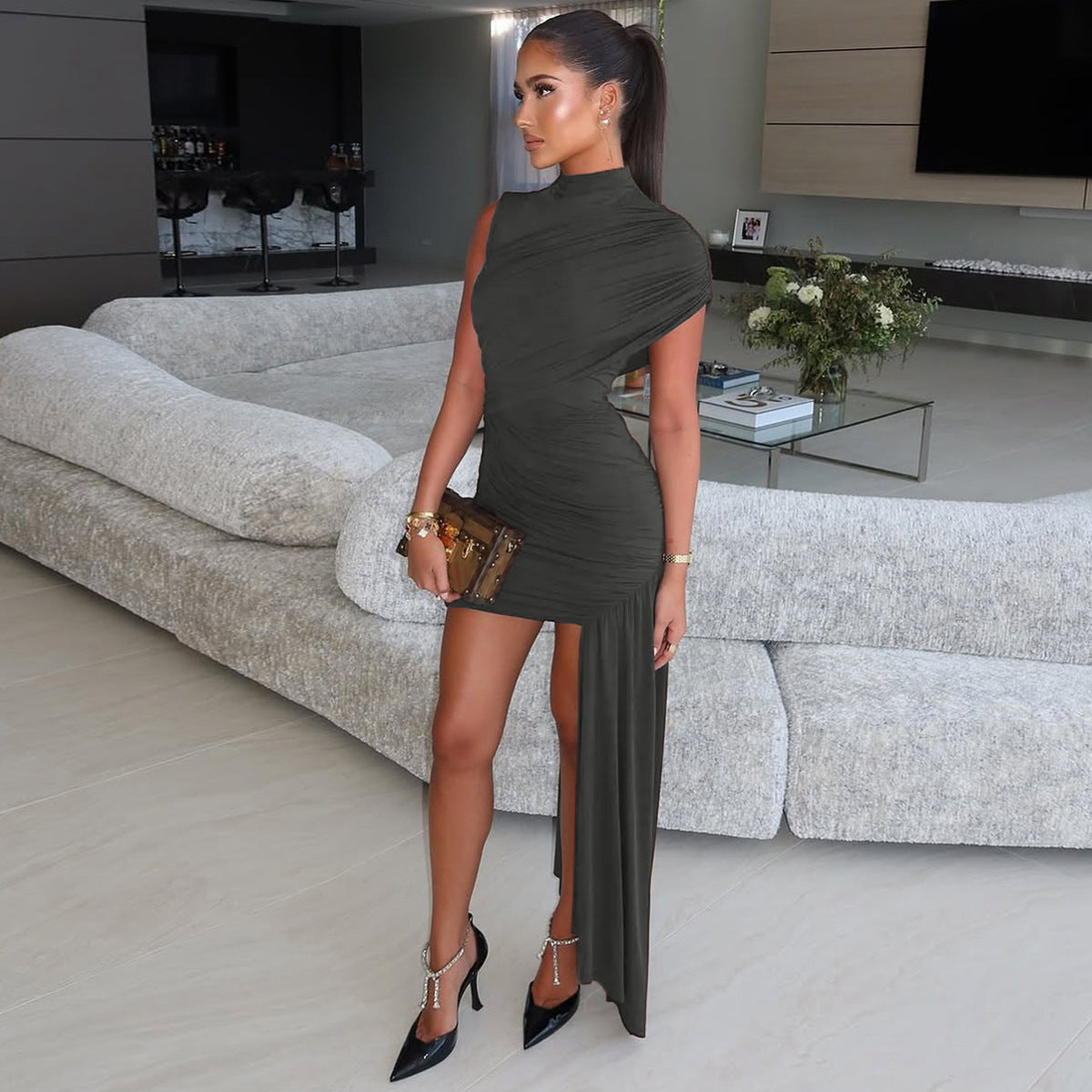 Women's Elegant Asymmetric Mini Dress with Draping and Side Slit
