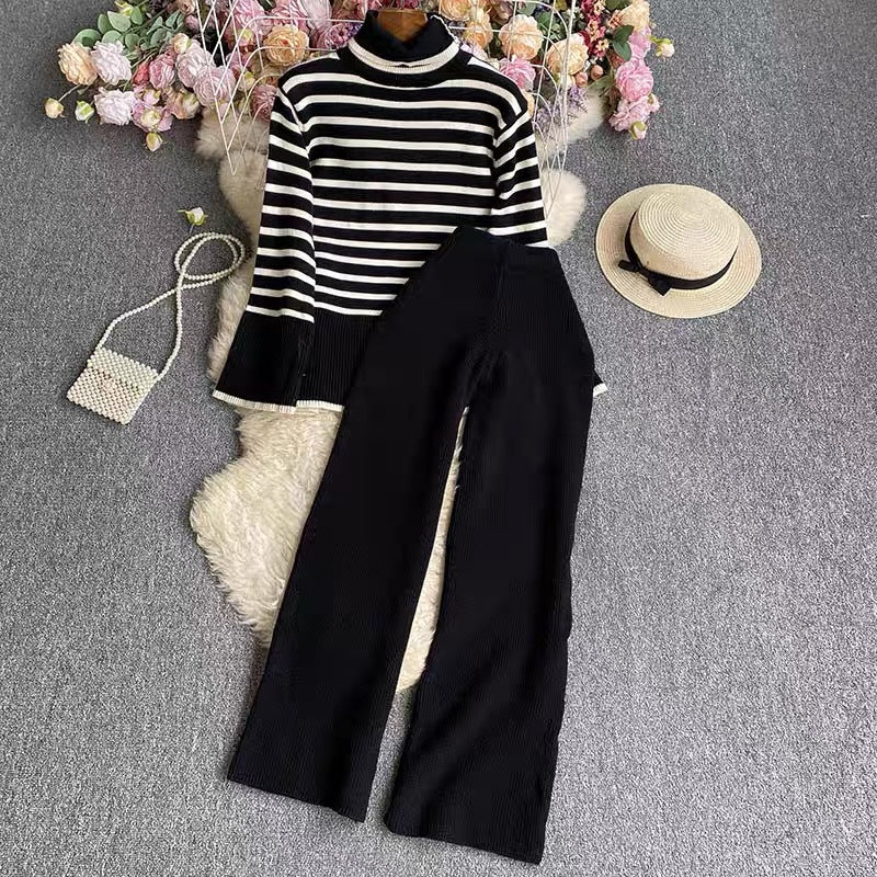 Women's Elegant Striped Knit Ensemble with High Collar and Wide Leg