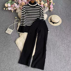 Women's Elegant Striped Knit Ensemble with High Collar and Wide Leg