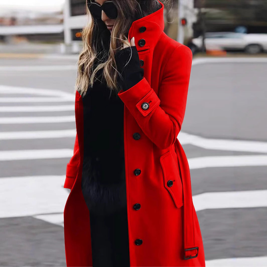 Women's Fashionable Trench Coat with High Collar and Elegant Buttons