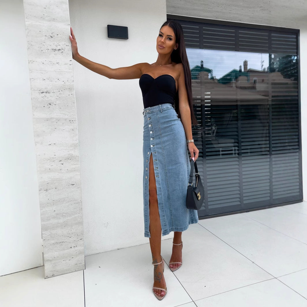 Women's Midi Skirt with Side Slit and Button Detail