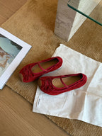 Women's Suede Ballet Flats with Strap and Decorative Bow