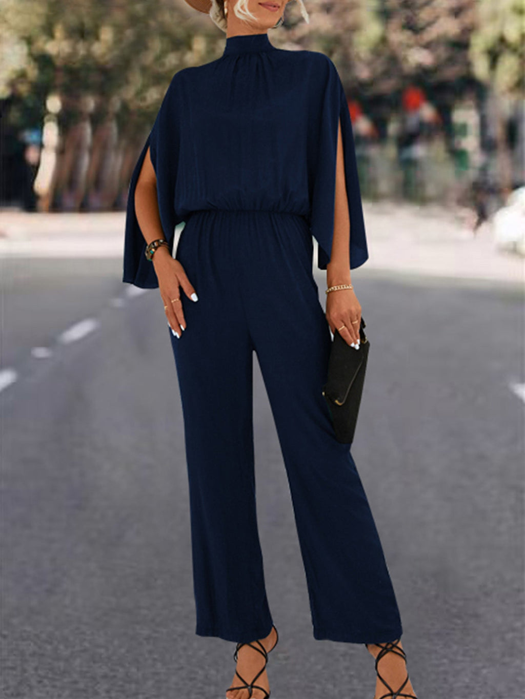 Elegant Women's Jumpsuit with Flowing Cape Design and High Neckline