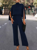 Elegant Women's Jumpsuit with Flowing Cape Design and High Neckline