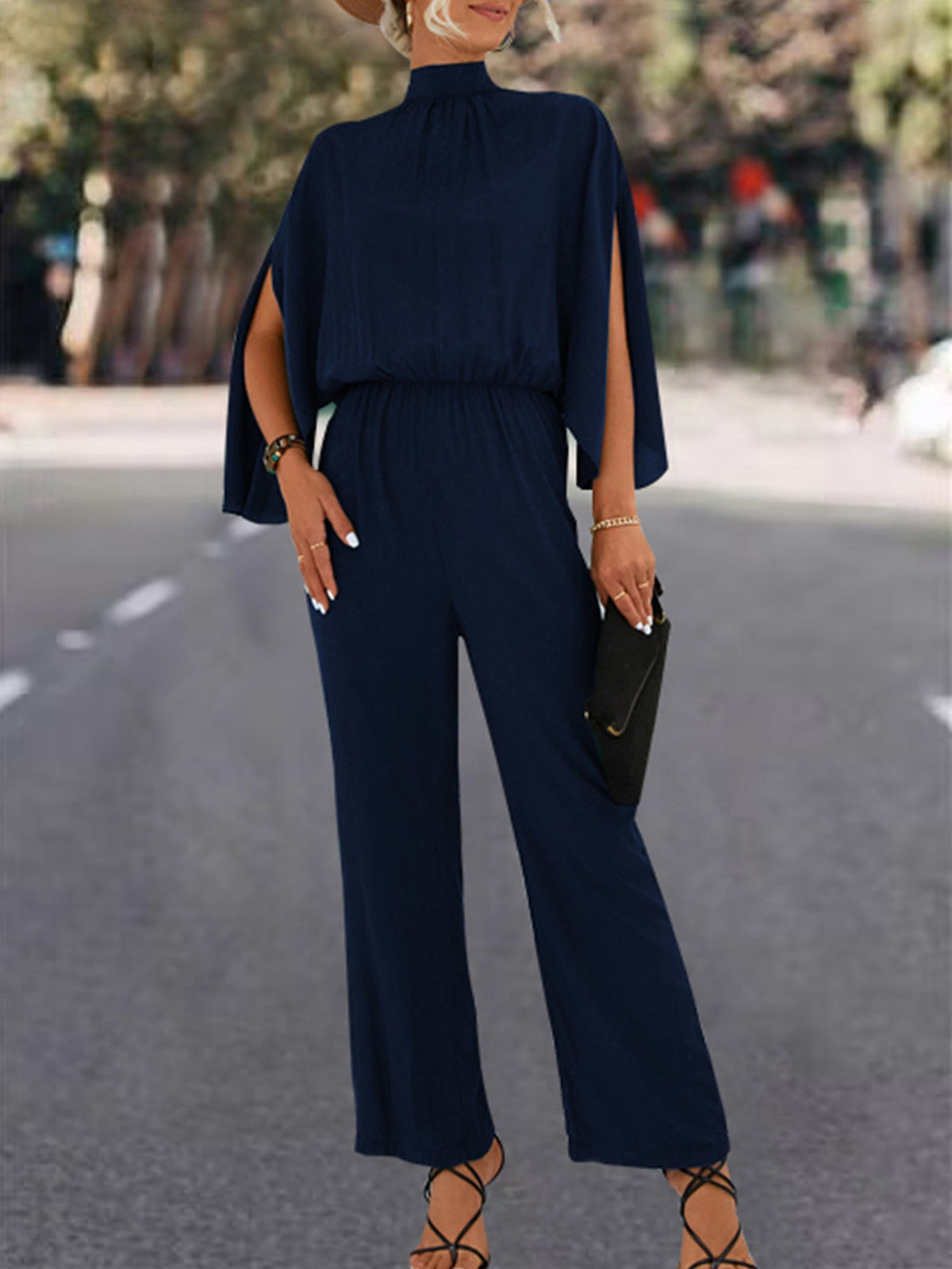 Elegant Women's Jumpsuit with Flowing Cape Design and High Neckline