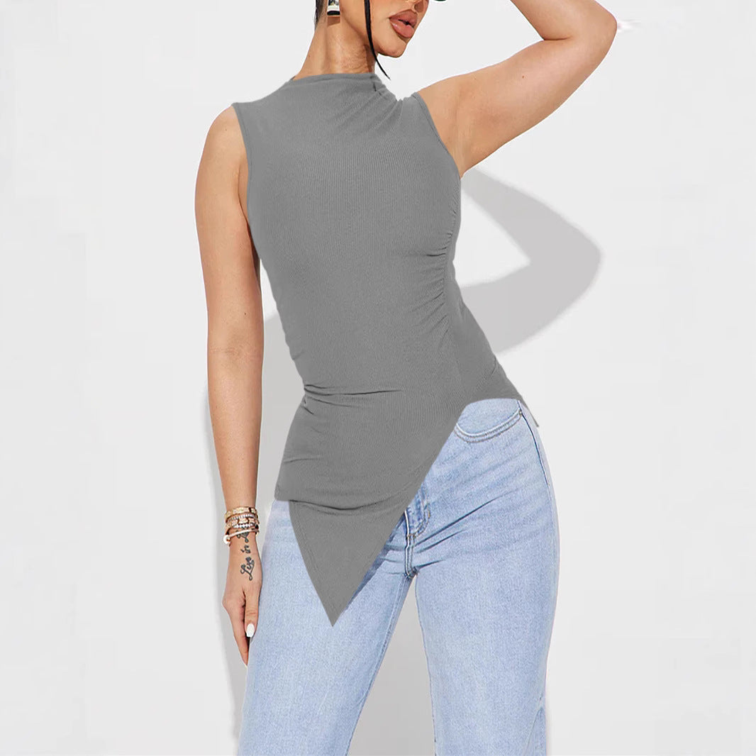 Women's Sleeveless Top with Asymmetrical Hem and Ruching