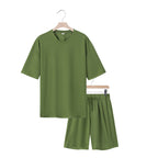Men's relaxed jersey set with extended round neck t-shirt and elastic drawstring shorts