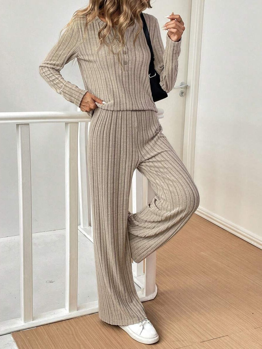 Casual Ribbed Lounge Set with Button Detail