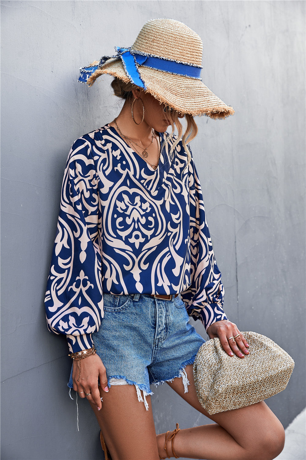 Women's Blouse with Elegant Baroque Pattern and Puff Sleeves