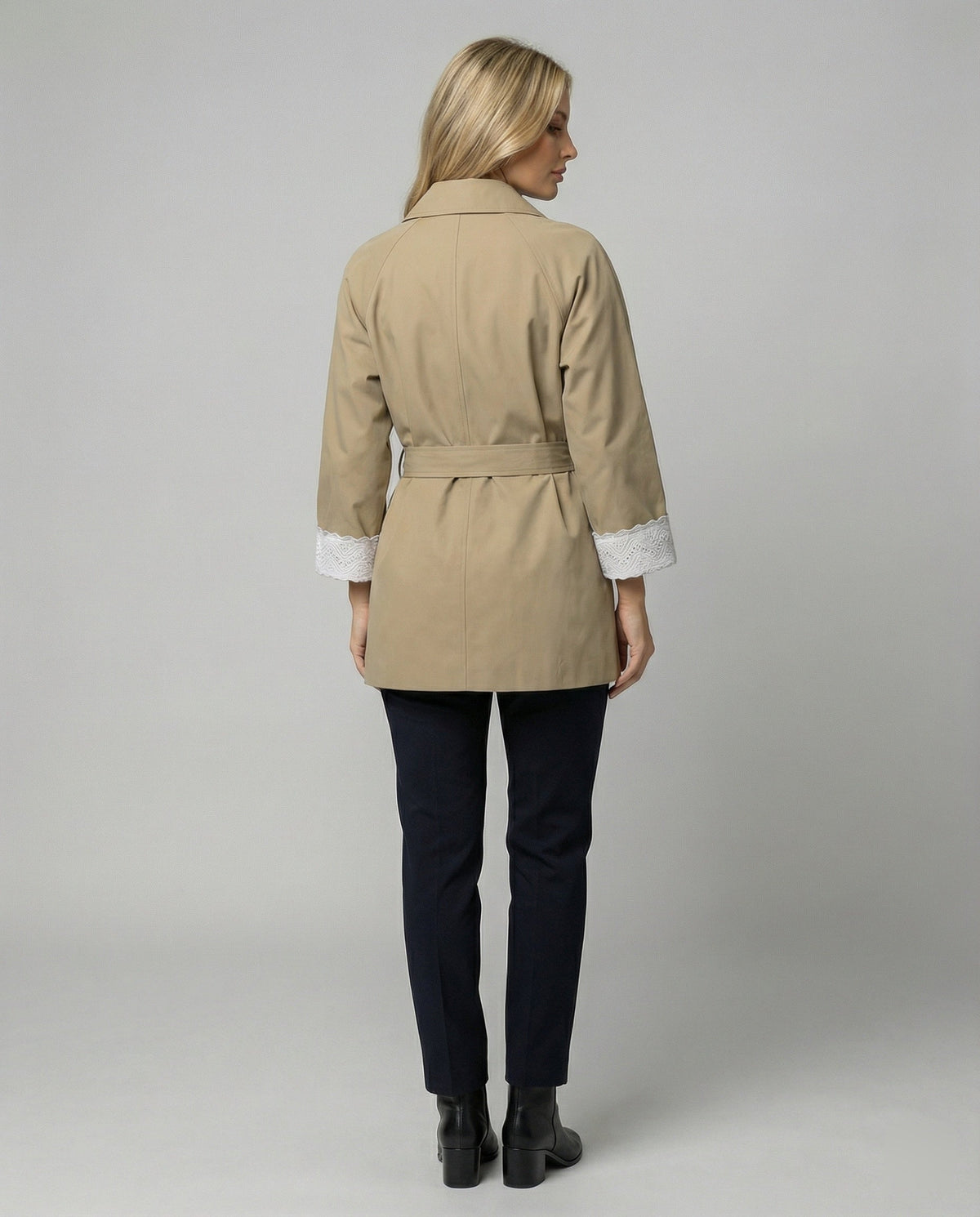Women's Tailored Trench Coat with Stand-Up Collar and Lace Cuffs