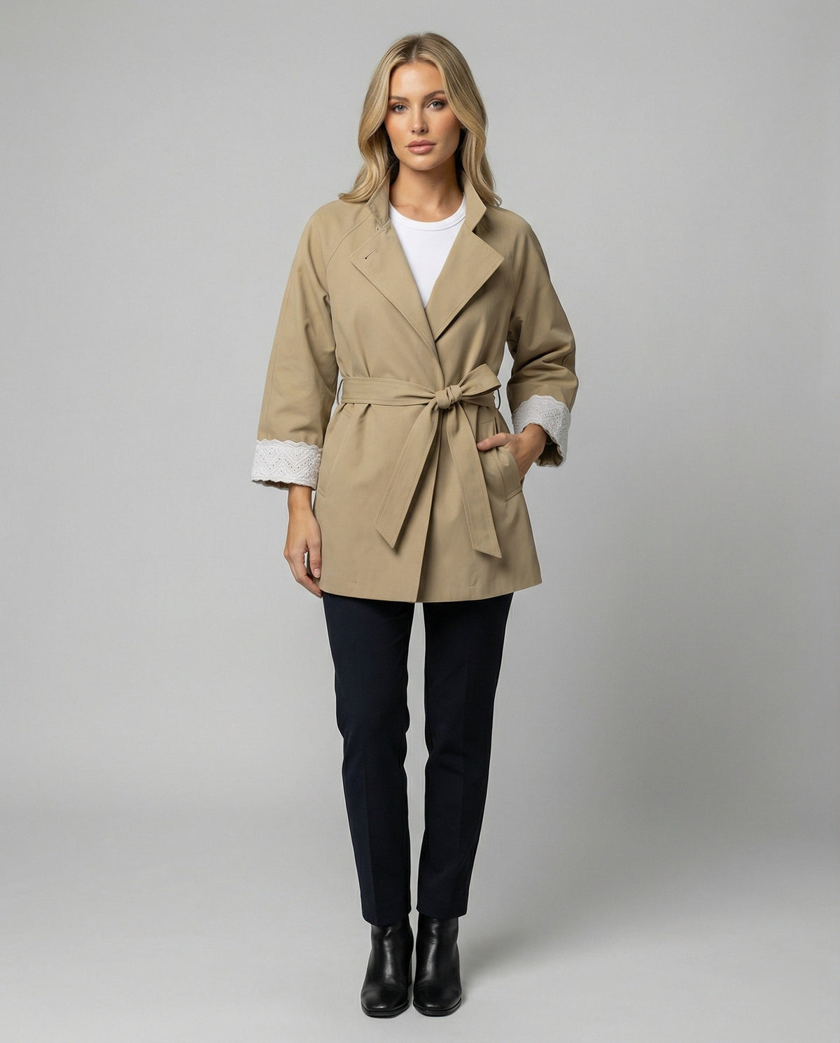 Women's Tailored Trench Coat with Stand-Up Collar and Lace Cuffs
