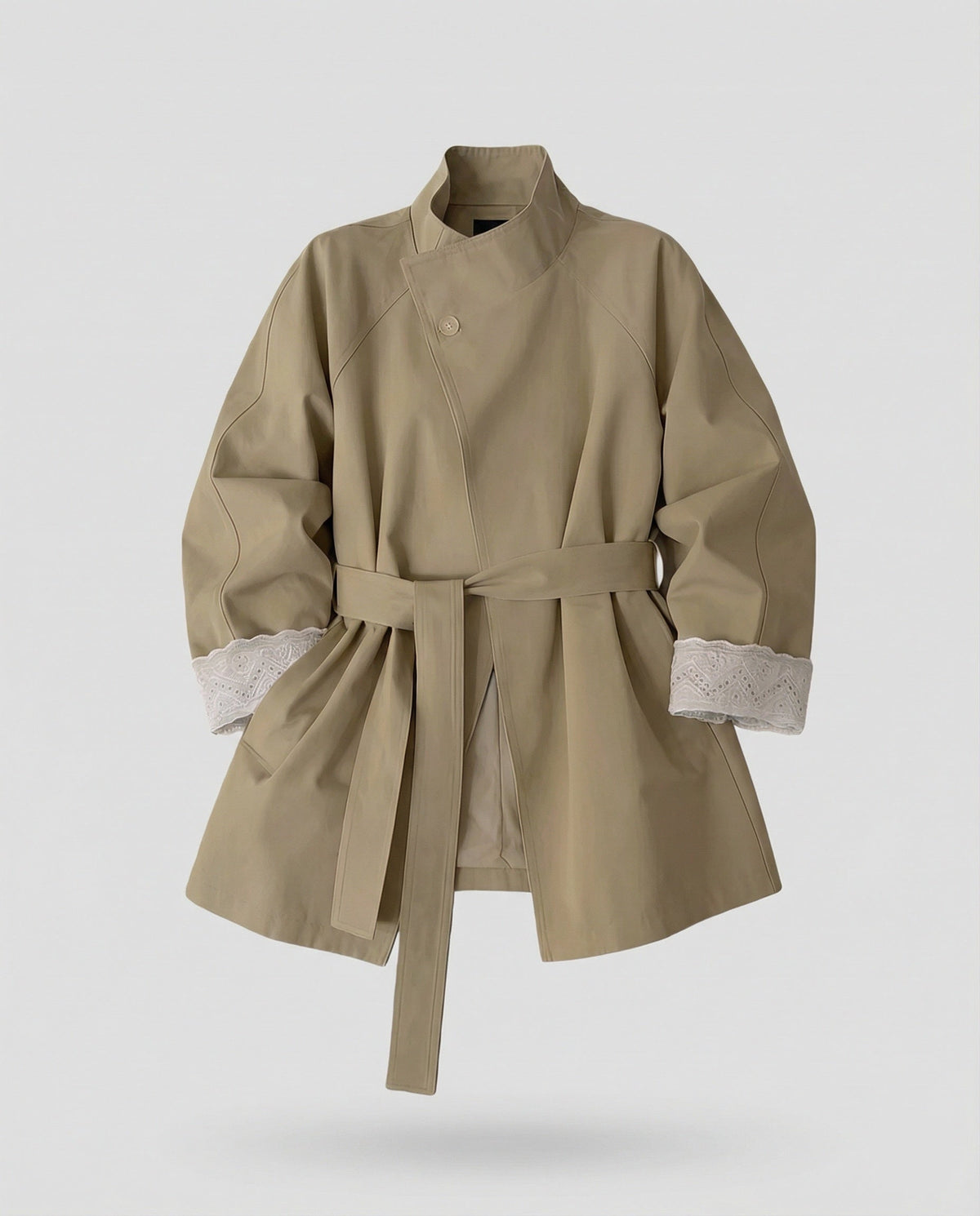 Women's Tailored Trench Coat with Stand-Up Collar and Lace Cuffs