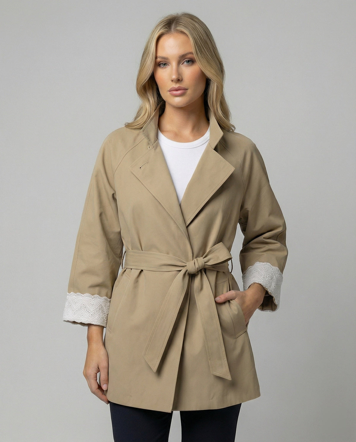 Women's Tailored Trench Coat with Stand-Up Collar and Lace Cuffs