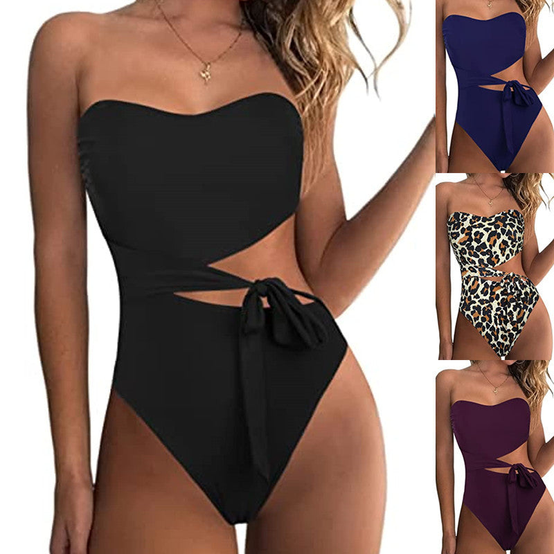 Women's Asymmetrical Bandeau Bikini with Animal Print