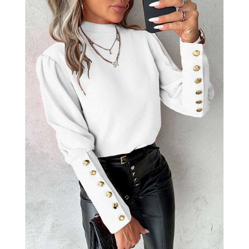 Elegant Blouse with Puff Sleeves and Gold Button Details