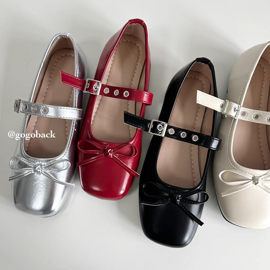 Women's Ballet Flats with Bow Accent and Adjustable Strap